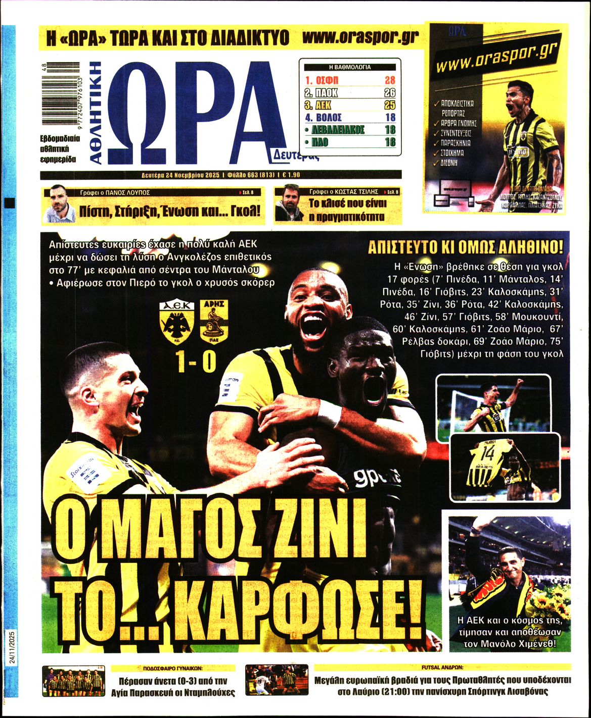 Εξώφυλο εφημερίδας ΩΡΑ ΓΙΑ ΣΠΟΡ 2025-11-24