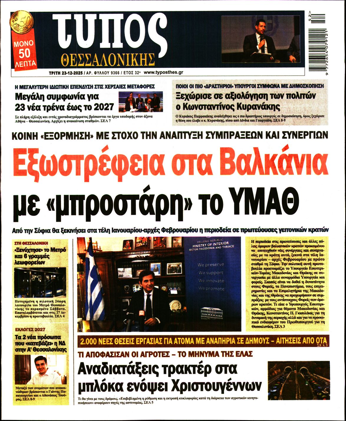 Εξώφυλο εφημερίδας ΤΥΠΟΣ ΘΕΣ/ΝΙΚΗΣ 2025-12-23