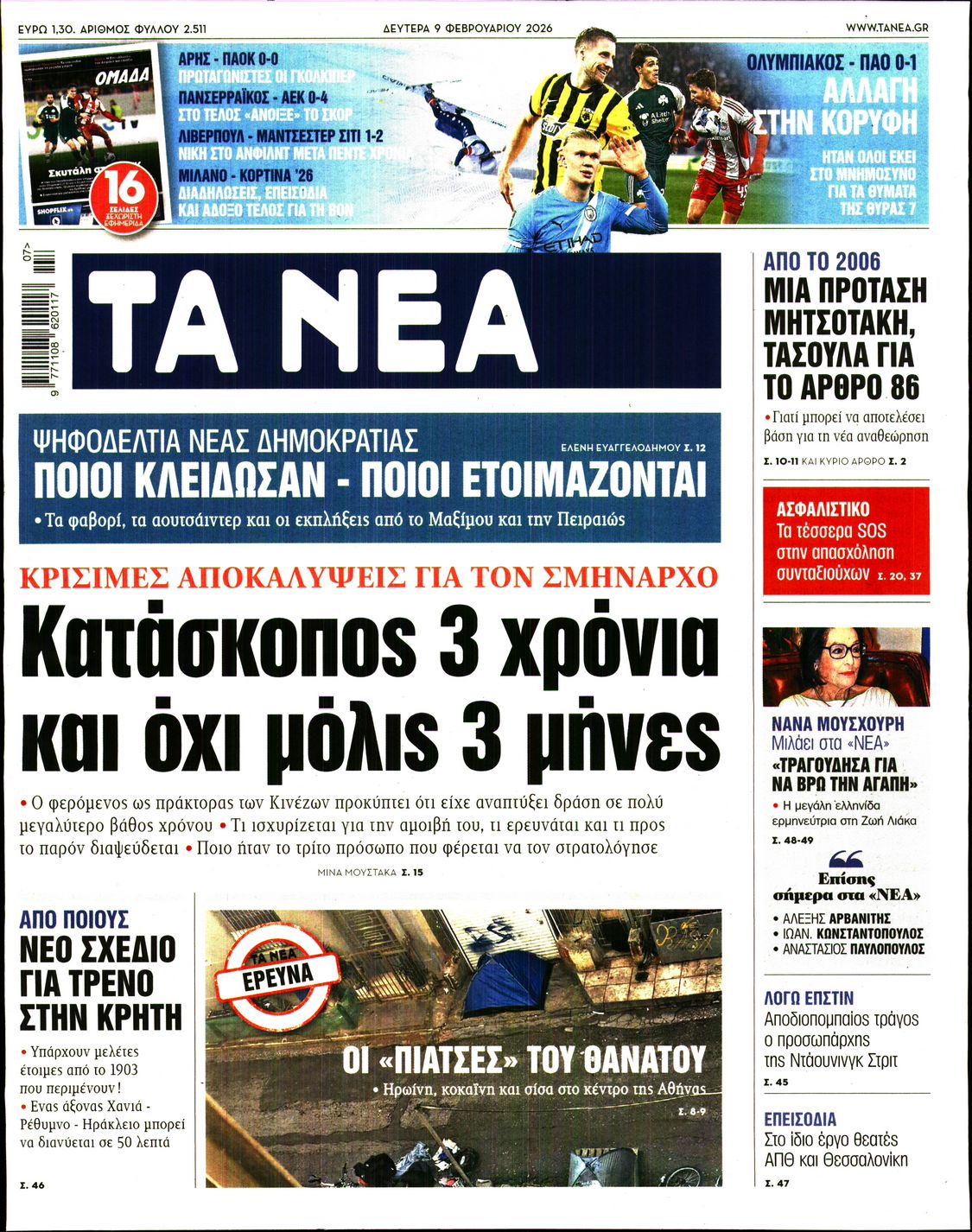 Εξώφυλο εφημερίδας ΤΑ ΝΕΑ 2026-02-09