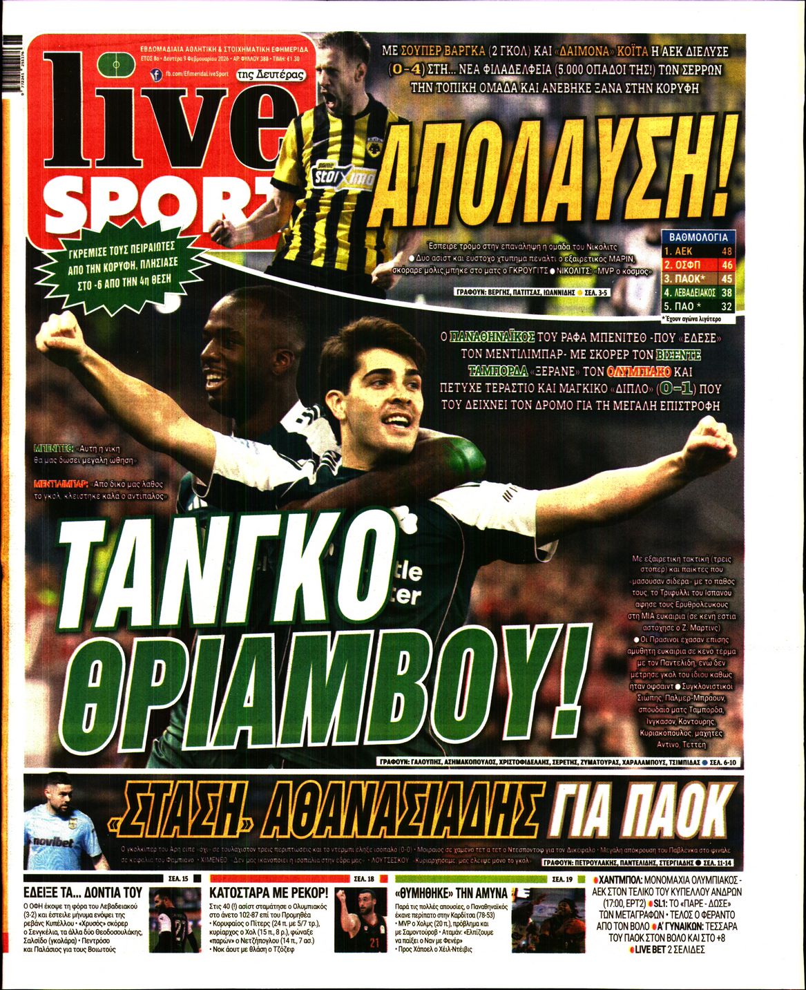 Εξώφυλο εφημερίδας LIVE SPORT 2026-02-09