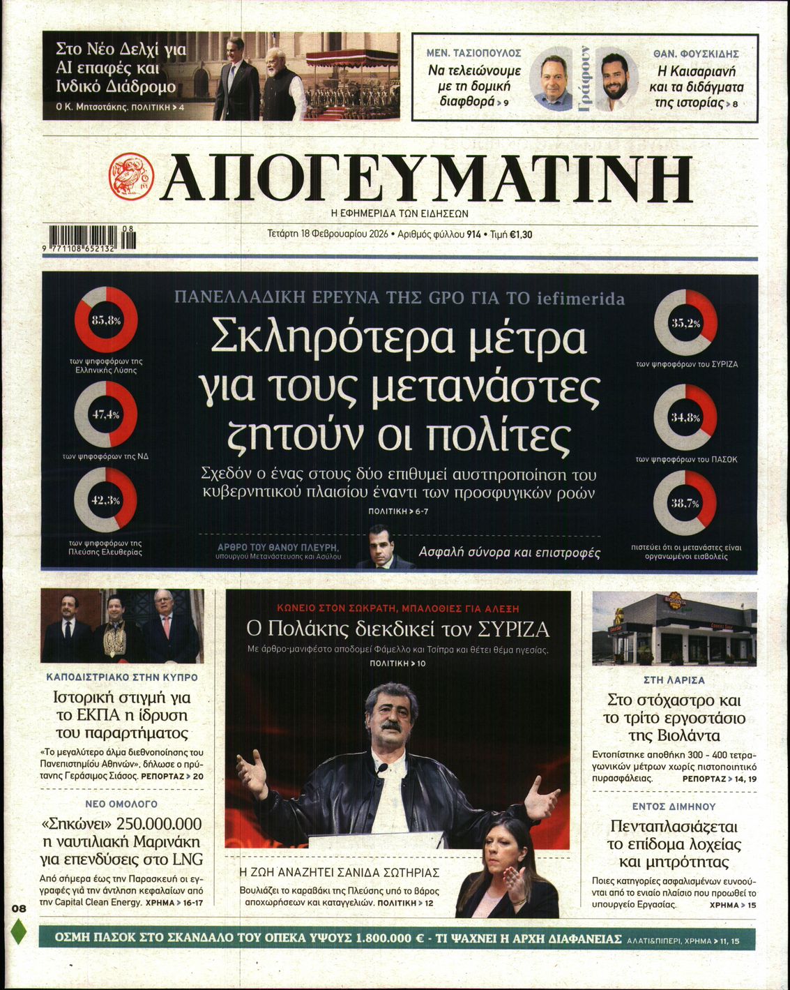Εξώφυλο εφημερίδας ΑΠΟΓΕΥΜΑΤΙΝΗ 2026-02-18