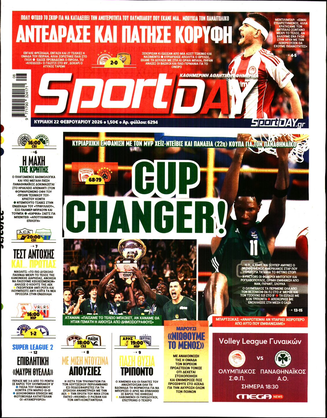 Εξώφυλο εφημερίδας SPORTDAY 2026-02-22