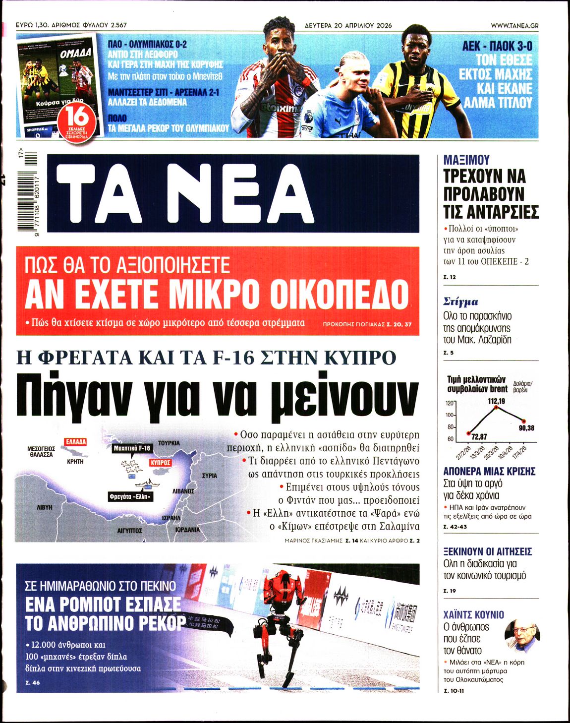 Εξώφυλο εφημερίδας ΤΑ ΝΕΑ 2026-04-20