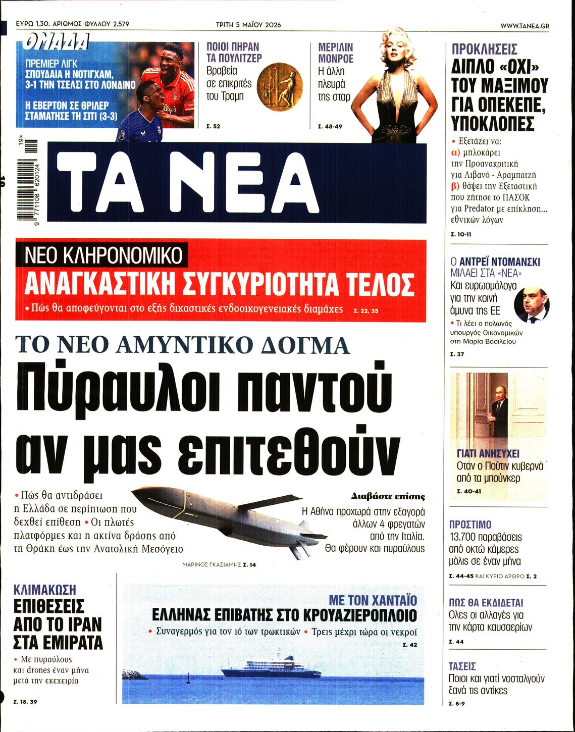 Εξώφυλο εφημερίδας ΤΑ ΝΕΑ 2026-05-05