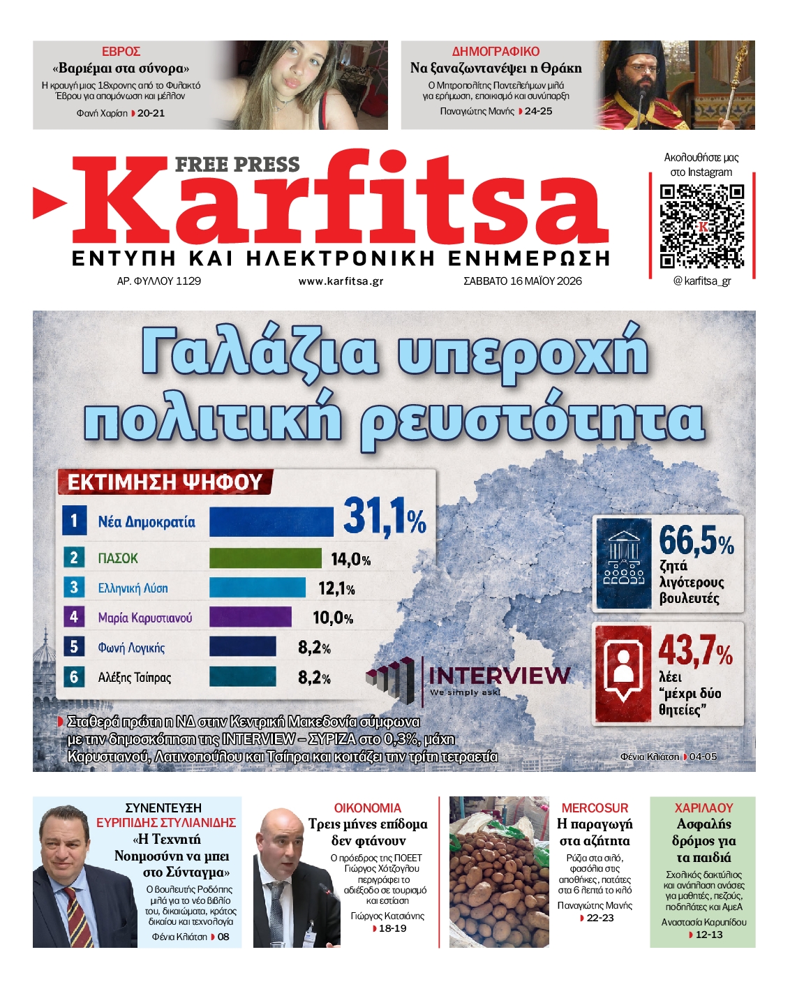 Εξώφυλο εφημερίδας ΚΑΡΦΙΤΣΑ 2026-05-16