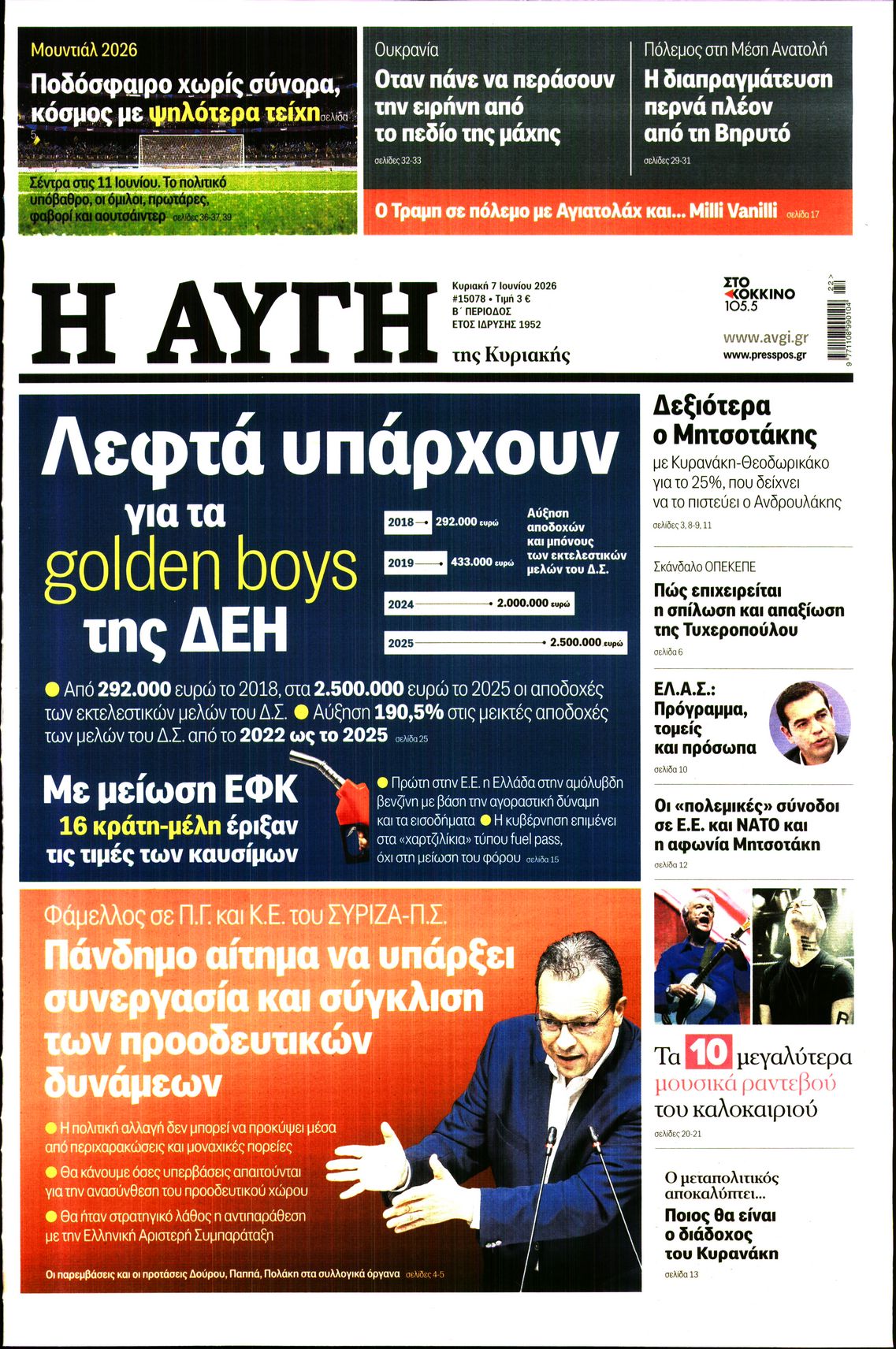 Εξώφυλο εφημερίδας ΑΥΓΗ 2026-06-07