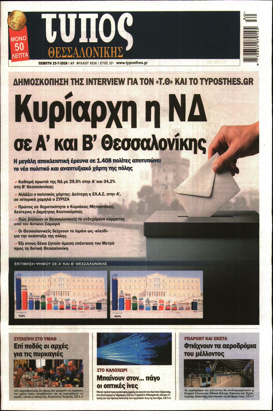 Εξώφυλο εφημερίδας ΤΥΠΟΣ ΘΕΣ/ΝΙΚΗΣ 2026-07-23