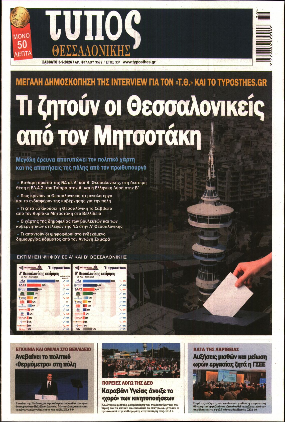 Εξώφυλο εφημερίδας ΤΥΠΟΣ ΘΕΣ/ΝΙΚΗΣ 2026-09-05