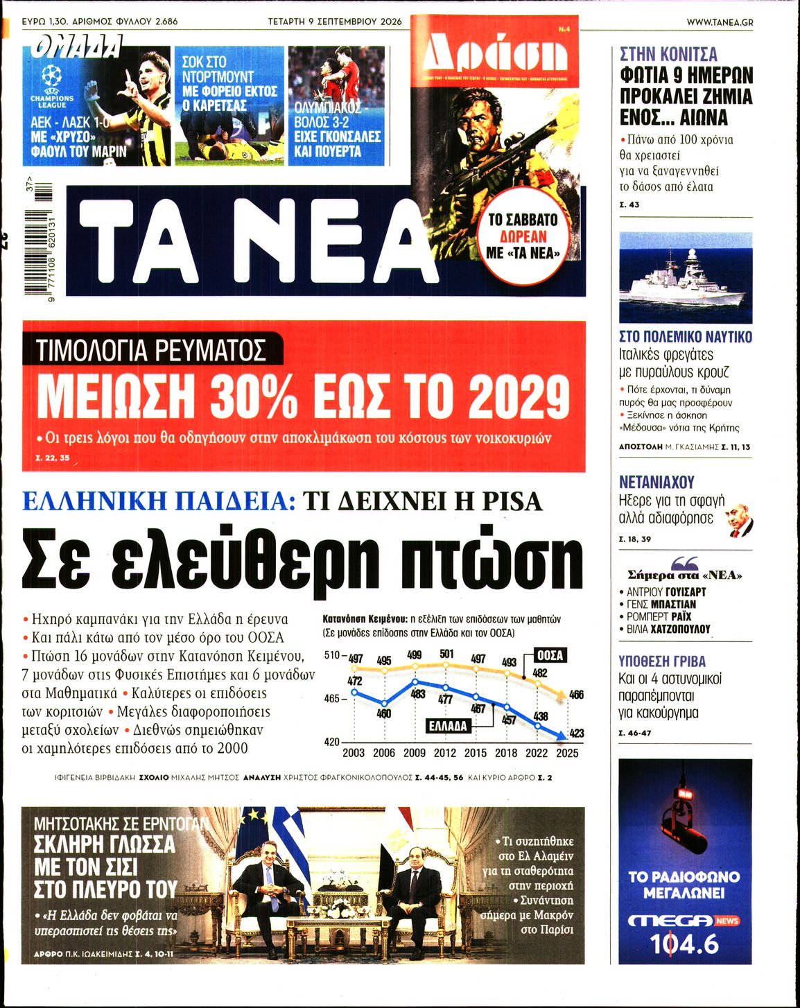 Εξώφυλο εφημερίδας ΤΑ ΝΕΑ 2026-09-09