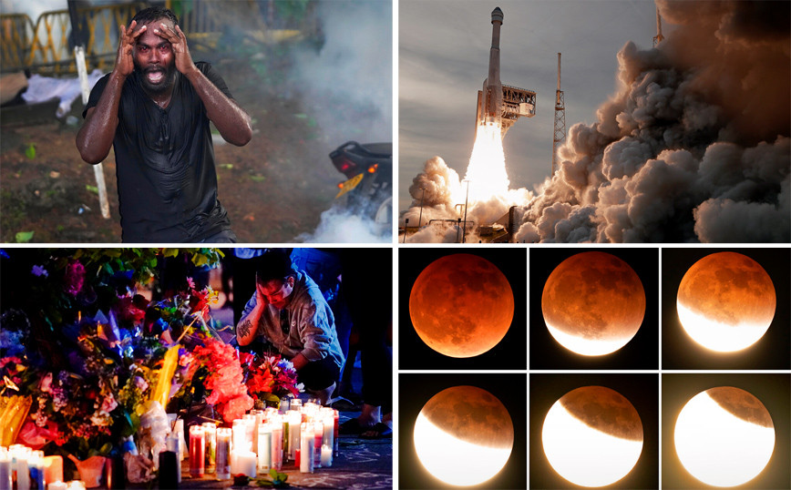 Awe for the total lunar eclipse, mourning for a heinous crime and the rocket