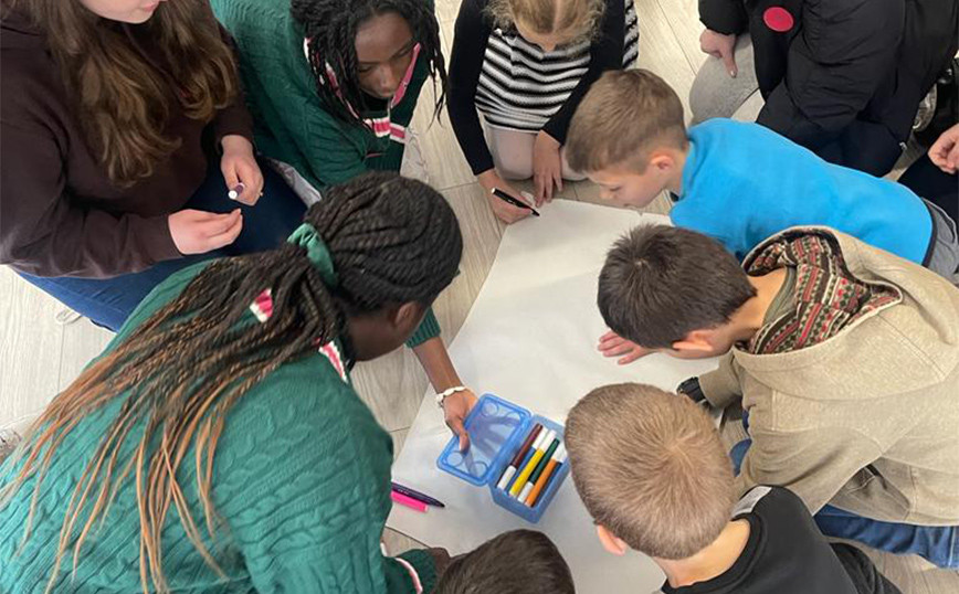 Students from European schools meet refugee children from Ukraine, in a structure in Elefsina