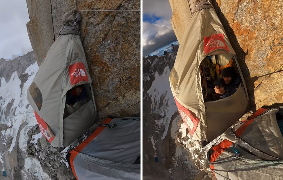 Daring climbers sleep in hanging tents at an altitude of 2,500 meters