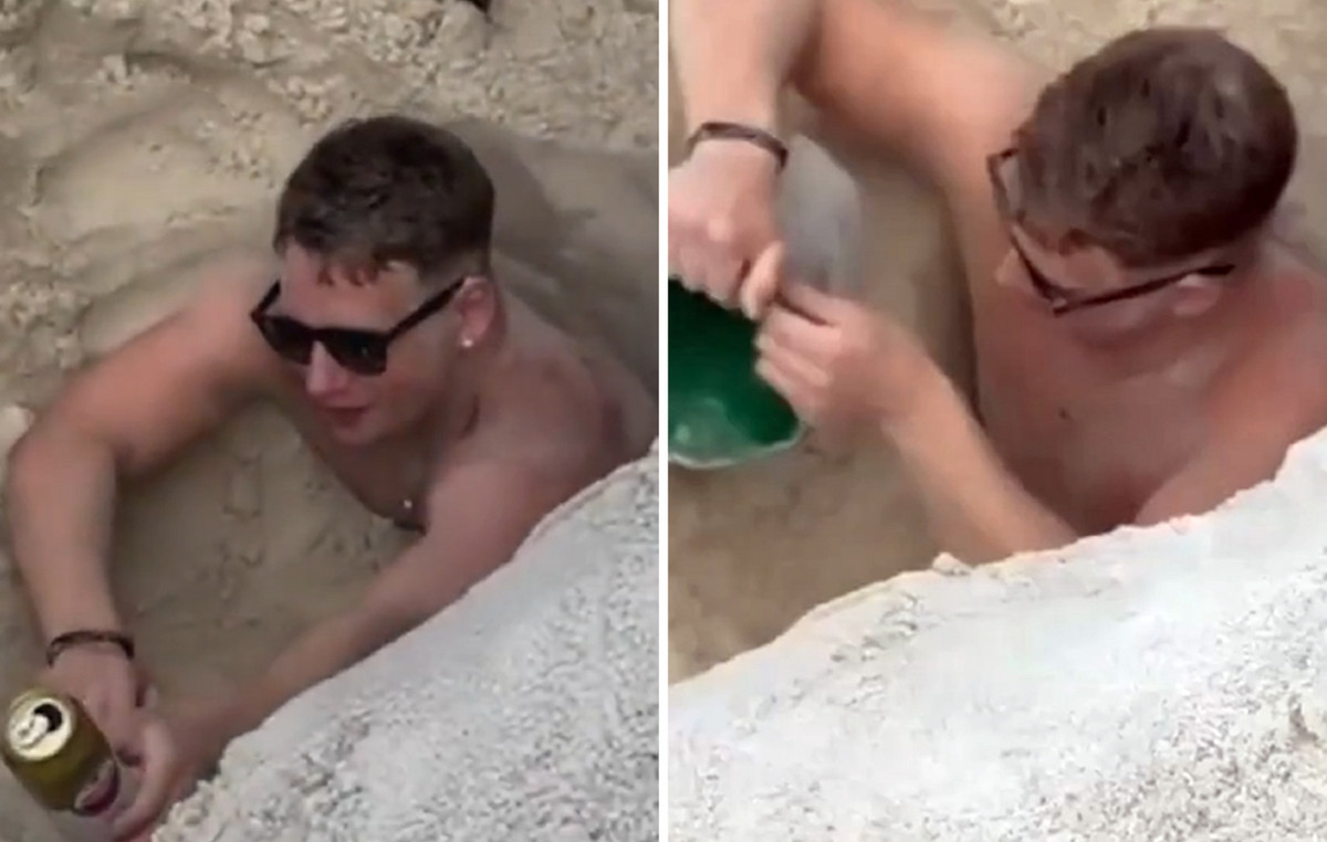 British tourist trapped in a pit that he dug on in Copacabana – dramatic images from rescue