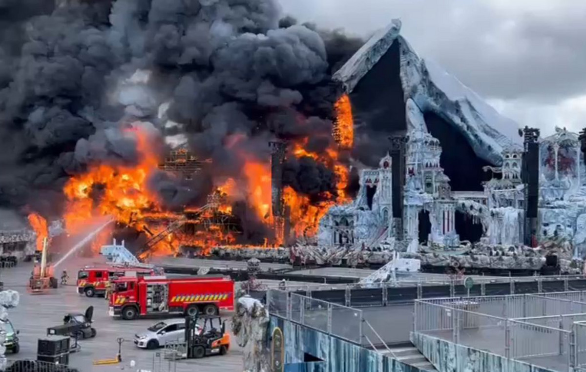 The Tomorrowland Central Stage in Belgium wrapped in flames in flames