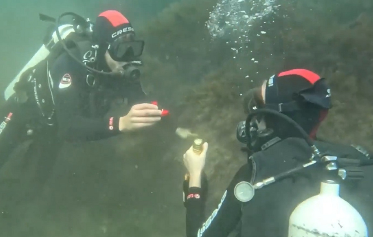 An imaginative marriage proposal: young man asked his partner to marry him in the seabed of the sea