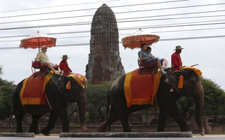Tourists ride elephants in the ancient Thai capital Ayutthaya, north of Bangkok, Thailand, August 11, 2015. Thailand celebrates World Elephant Day on August 12, an annual event held to raise awareness about elephant conservation. REUTERS/Chaiwat Subprasom