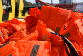 Life jackets recovered during MSF search and rescue operations on the deck of the Bourbon Argos.