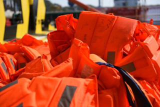 Life jackets recovered during MSF search and rescue operations on the deck of the Bourbon Argos.