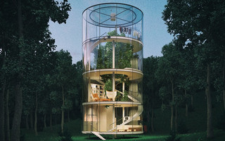 Ένα κυλινδρικό γυάλινο σπίτι γύρω από ένα δέντρο