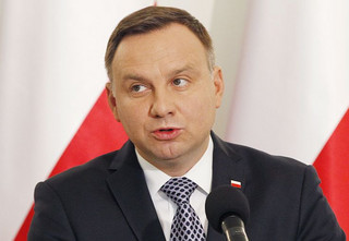 Poland's President Andrzej Duda announces his proposals for reorganizing the Supreme Court and a top judicial body at the Presidential Palace in Warsaw, Poland, Monday, Sept. 25, 2017. Poland's most powerful politician, ruling party leader Jaroslaw Kaczynski says they vary on the proposals. (AP Photo/Czarek Sokolowski)