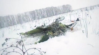 In this screen grab provided by the Life.ru, the wreckage of a AN-148 plane is seen in Stepanovskoye village, about 40 kilometers (25 miles) from the Domodedovo airport, Russia, Sunday, Feb. 11, 2018. Russia's Emergencies Ministry says a passenger plane has crashed near Moscow and fragments of it have been found. (Life.ru via AP)