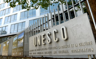 The logo of the UNESCO on the main building in Paris, France The logo of the UNESCO on the main building in Paris, France