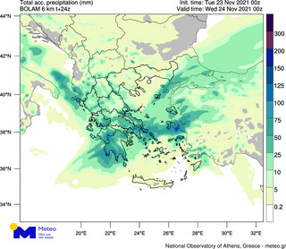Χάρτης με τον αθροιστικό υετό που αναμένεται σήμερα Τρίτη 23 Νοεμβρίου
