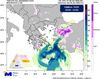 Τα εκτιμώμενα ύψη βροχόπτωσης και έντασης χιονόπτωσης κατά τη διάρκεια των βραδινών ωρών (20:00-23:00) του Σαββάτου 29/01