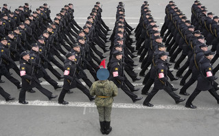 Troops march during a rehearsal for the Victory Day military parade which will take place at Dvortsovaya (Palace) Square on May 9 to celebrate 77 years after the victory in World War II in St. Petersburg, Russia, Thursday, May 5, 2022