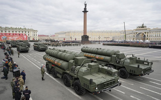 Russian S-400 anti-aircraft missile system launchers roll during a rehearsal for the Victory Day military parade which will take place at Dvortsovaya (Palace) Square on May 9 to celebrate 77 years after the victory in World War II in St. Petersburg, Russia, Thursday, May 5, 2022