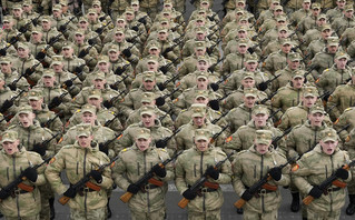 Troops march during a rehearsal for the Victory Day military parade which will take place at Dvortsovaya (Palace) Square on May 9 to celebrate 77 years after the victory in World War II in St. Petersburg, Russia, Thursday, May 5, 2022