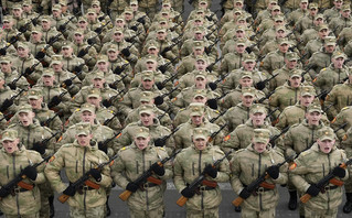 Troops march during a rehearsal for the Victory Day military parade which will take place at Dvortsovaya (Palace) Square on May 9 to celebrate 77 years after the victory in World War II in St. Petersburg, Russia, Thursday, May 5, 2022 Troops march during a rehearsal for the Victory Day military parade which will take place at Dvortsovaya (Palace) Square on May 9 to celebrate 77 years after the victory in World War II in St. Petersburg, Russia, Thursday, May 5, 2022