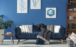 Μπλε καναπές σε σαλόνι με μπλε τοίχο