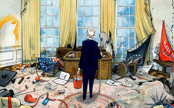 Το σκίτσο των Times με τον Μπάιντεν να κρατάει σφουγγαρίστρα για να καθαρίσει όσα άφησε πίσω του ο Τραμπ