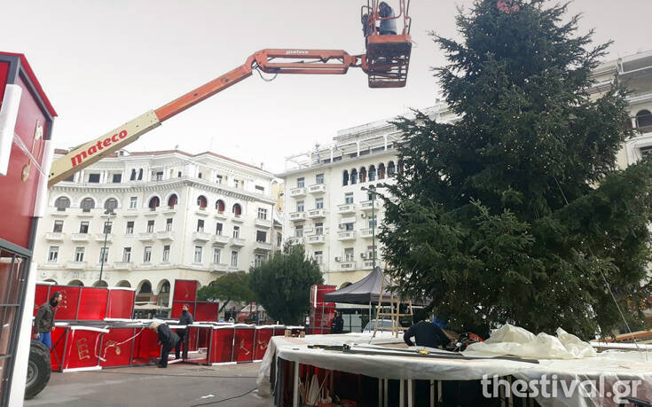 Θεσσαλονίκη: Στολίζονται τα χριστουγεννιάτικα δέντρα στην πλατεία Αριστοτέλους