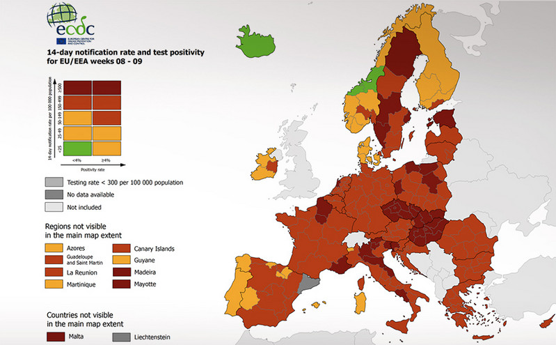 Χάρτης ECDC για τον κορονοϊό: «Κοκκίνισε» όλη η Ελλάδα, αυξήθηκε ο δείκτης θετικότητας