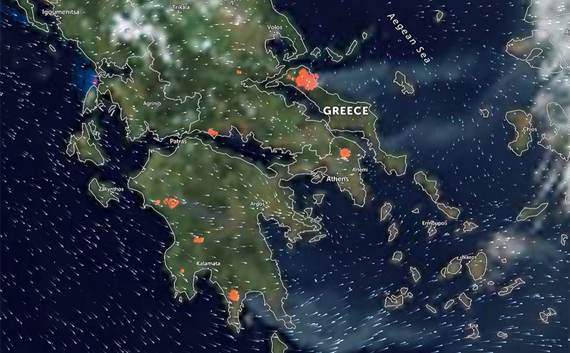 Live χάρτης με τις φωτιές και τους ανέμους στην Ελλάδα