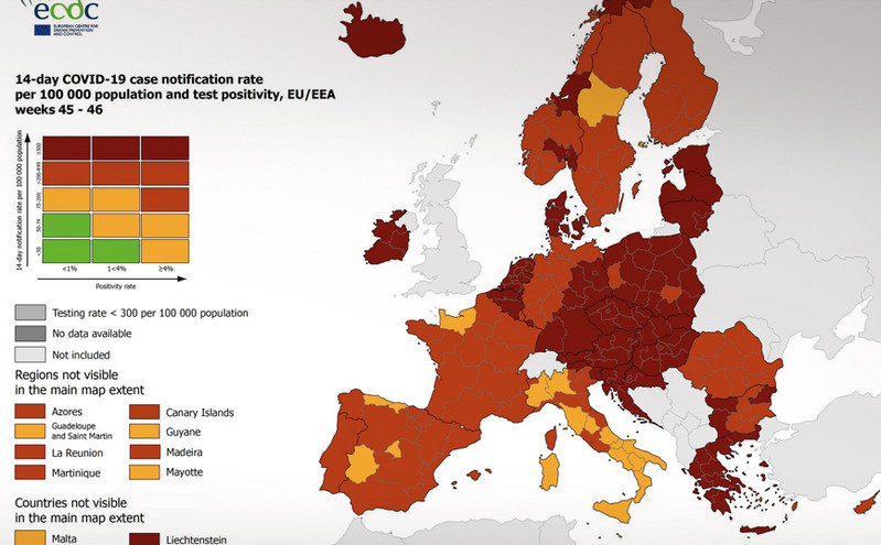 Κορονοϊός &#8211; Χάρτης ECDC: Στο βαθύ κόκκινο σχεδόν όλη η Ελλάδα &#8211; Η κατάσταση στην Ευρώπη