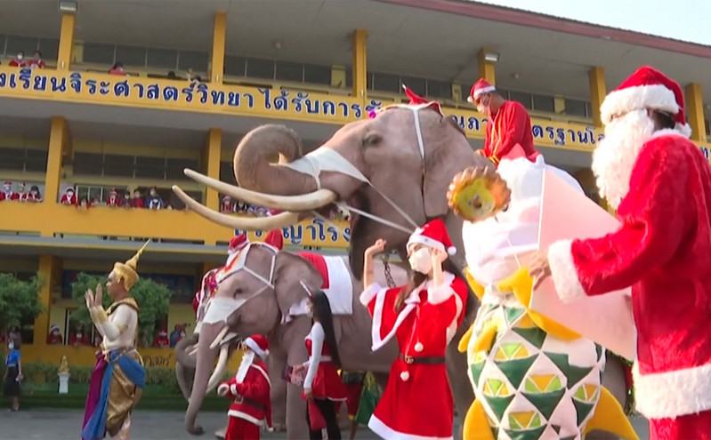 Ταϊλάνδη: Ελέφαντες ντύθηκαν Άγιοι Βασίληδες και μοίρασαν μάσκες, αντισηπτικά και μπαλόνια στα παιδιά