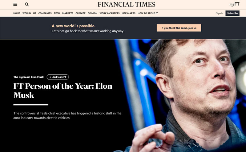 Ο Έλον Μασκ είναι το «Πρόσωπο της Χρονιάς» και για τους Financial Times