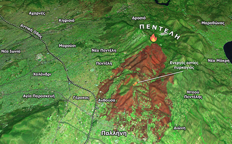 Πεντέλη: Νέα δορυφορική εικόνα για την έκταση της φωτιάς &#8211; Καταστροφή σε πάνω από 20.000 στρέμματα
