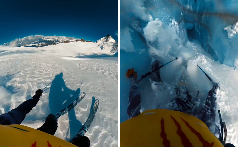Σοκαριστικό βίντεο με τη στιγμή που σκιέρ πέφτει σε χαράδρα στις Άλπεις