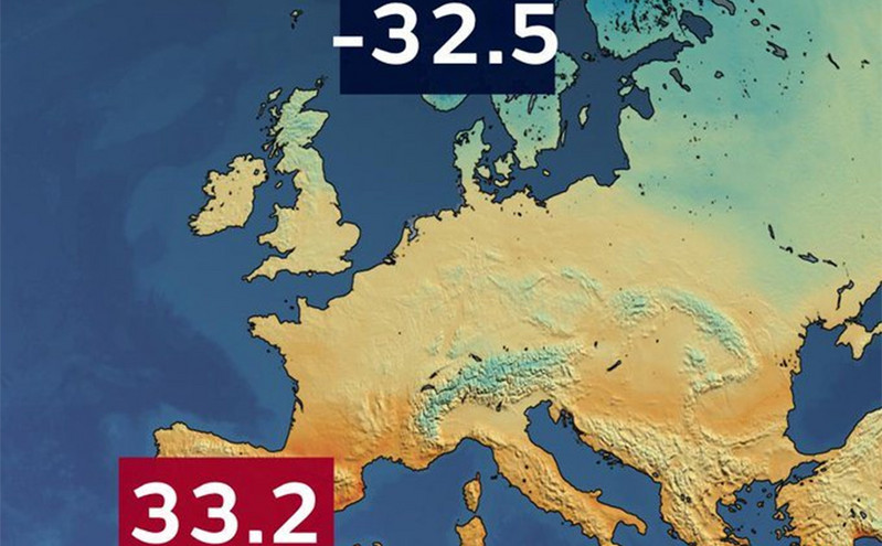 Στους 65 βαθμούς Κελσίου η διαφορά θερμοκρασίας μεταξύ βόρειας και νότιας Ευρώπης &#8211; Ο χάρτης που ανάρτησε ο Σάκης Αρναούτογλου