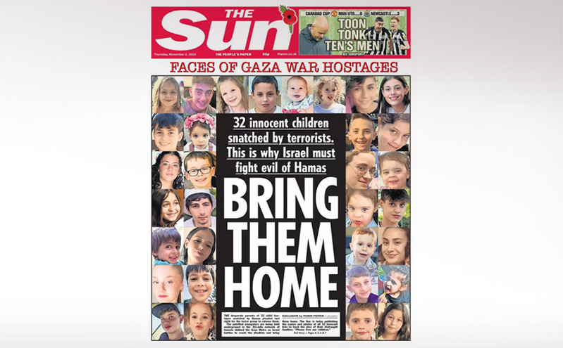 Πρωτοσέλιδο «γροθιά στο στομάχι» της Sun με τις εικόνες των 32 παιδιών που απήγαγε η Χαμάς: «Φέρτε τα σπίτι»